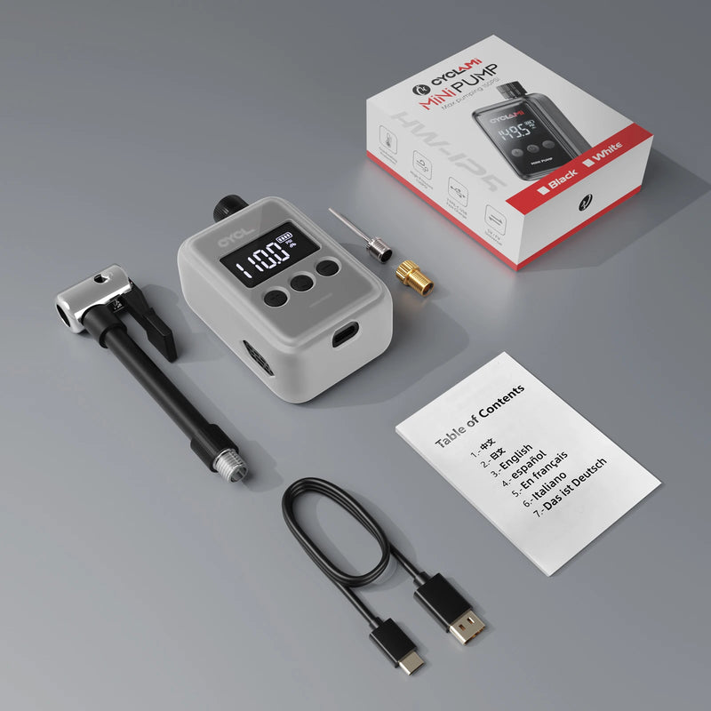 Bomba de ar elétrica portátil de bolso CYCLAMI 150 PSI, mini compressor recarregável rápido para bicicletas com display digital de calibragem.