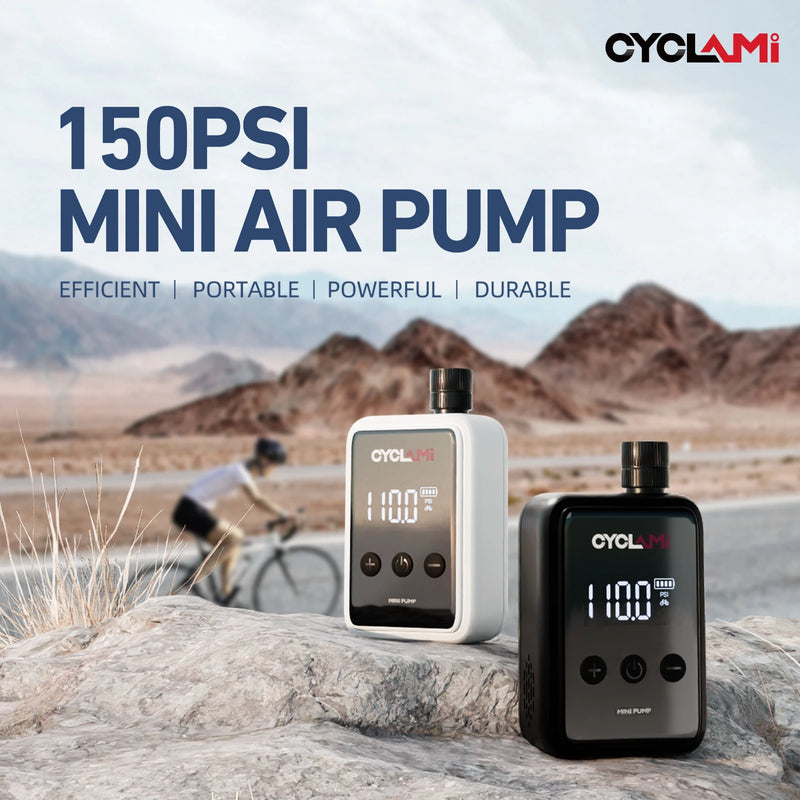Bomba de ar elétrica portátil de bolso CYCLAMI 150 PSI, mini compressor recarregável rápido para bicicletas com display digital de calibragem.