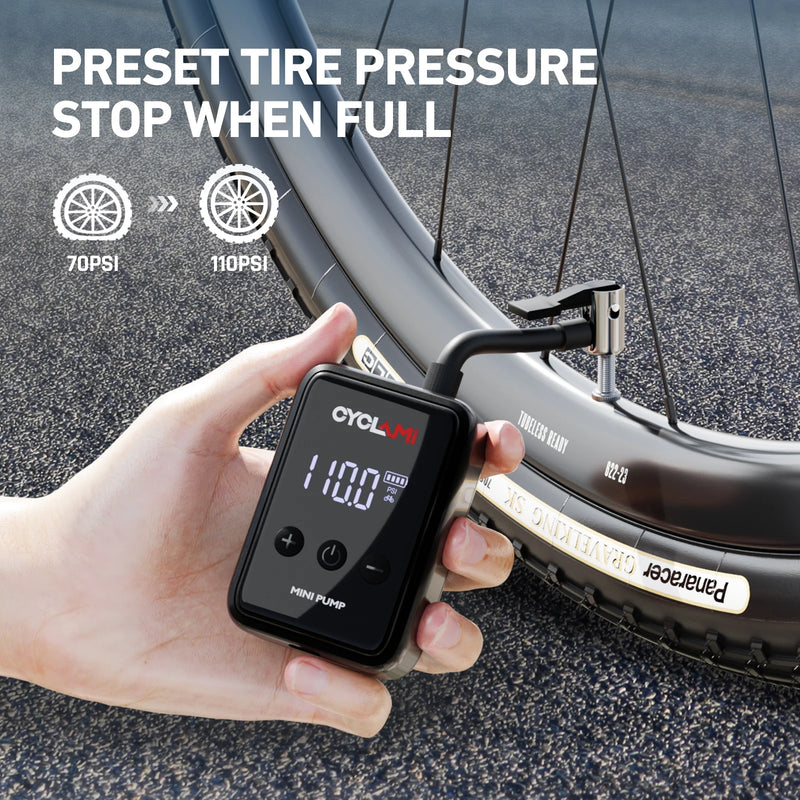 Bomba de ar elétrica portátil de bolso CYCLAMI 150 PSI, mini compressor recarregável rápido para bicicletas com display digital de calibragem.