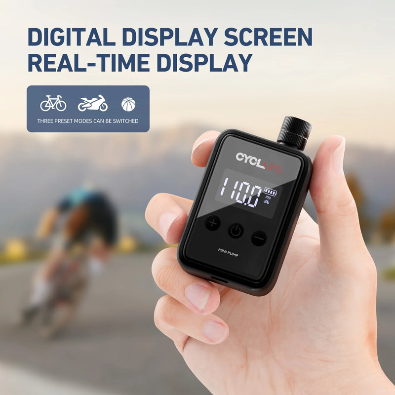 Bomba de ar elétrica portátil de bolso CYCLAMI 150 PSI, mini compressor recarregável rápido para bicicletas com display digital de calibragem.